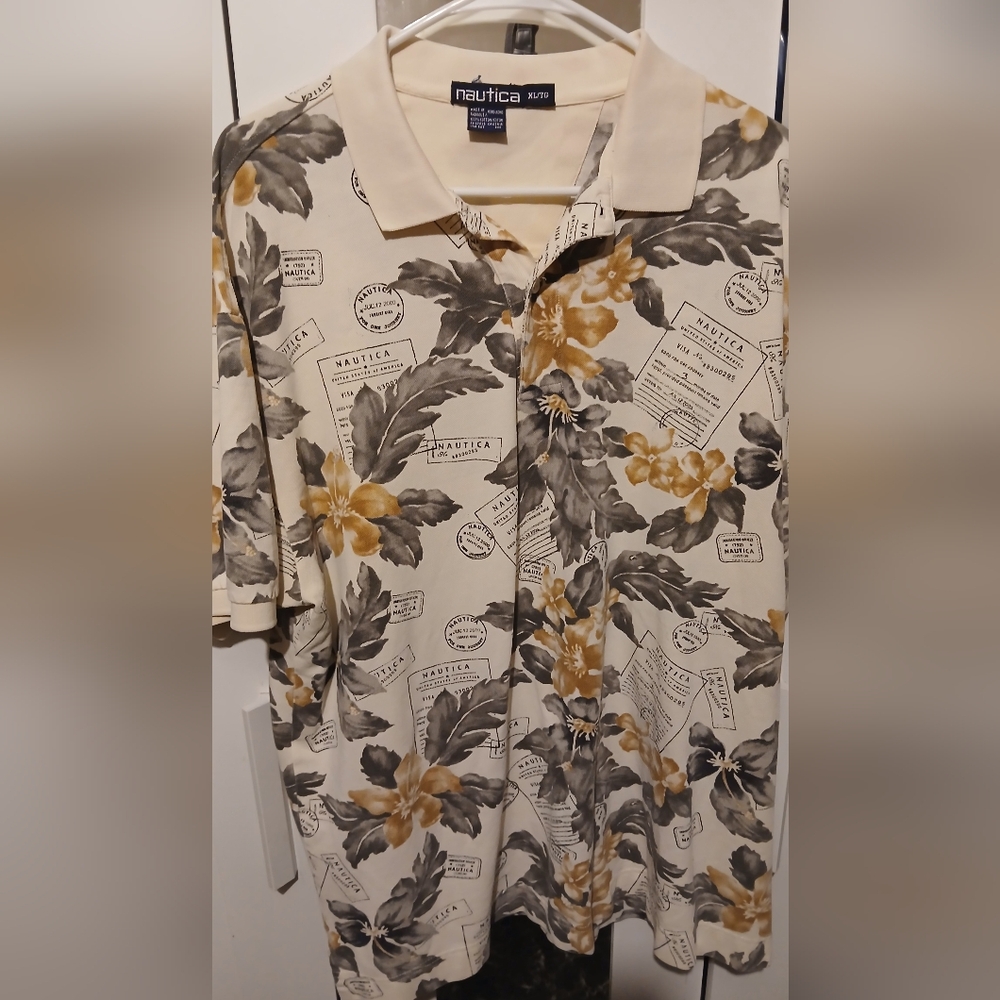 Nautica Hawaiian Shirt Cotton Knit  Travel Print Visa Passport Flora XL. Nice!